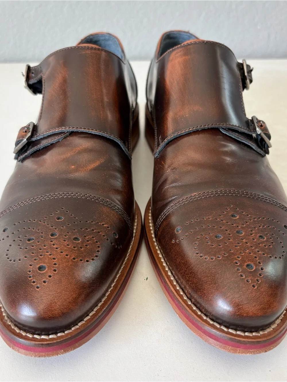 Johnston & Murphy Italy Brown Leather Double Monk Cap Toe Dress Shoes Men Sz 8.5